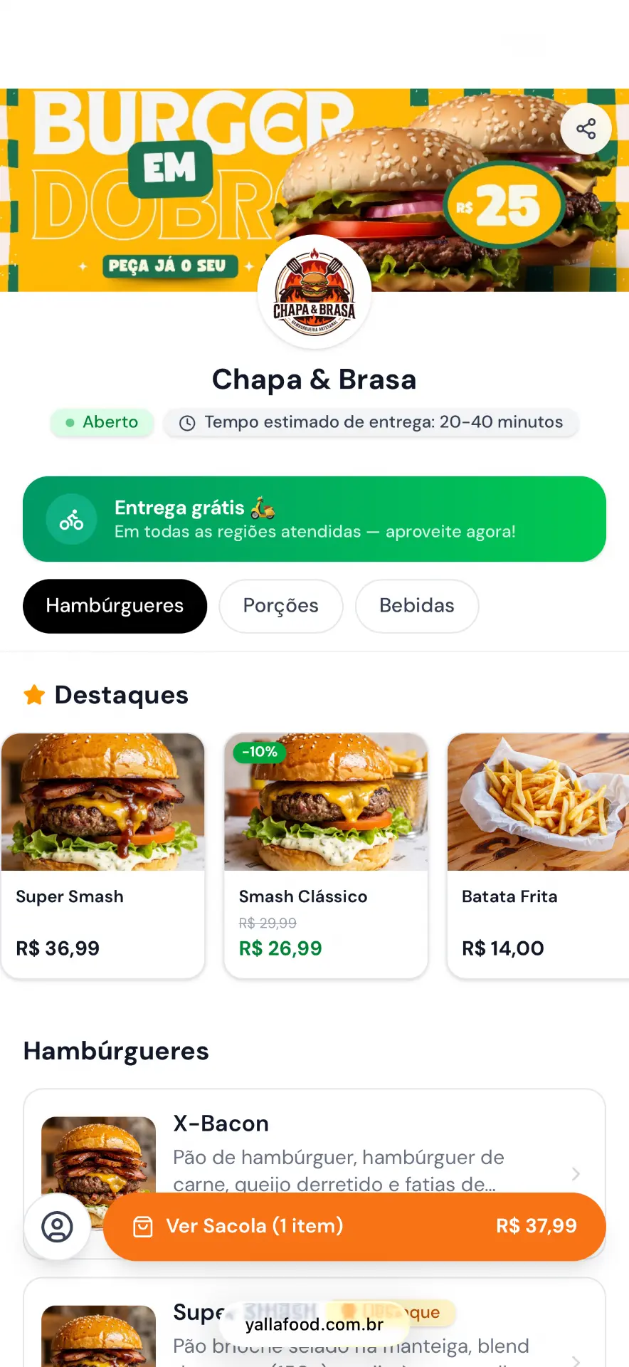 Cardápio digital de hamburgueria feito no YallaFood