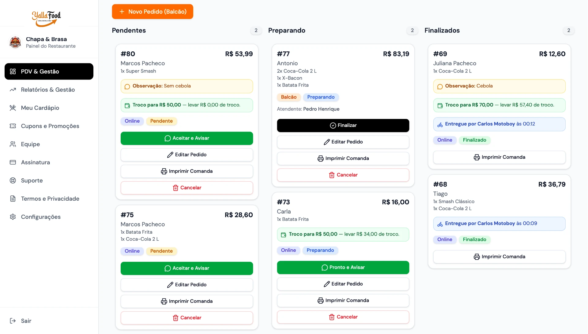 Painel YallaFood com Kanban de pedidos
