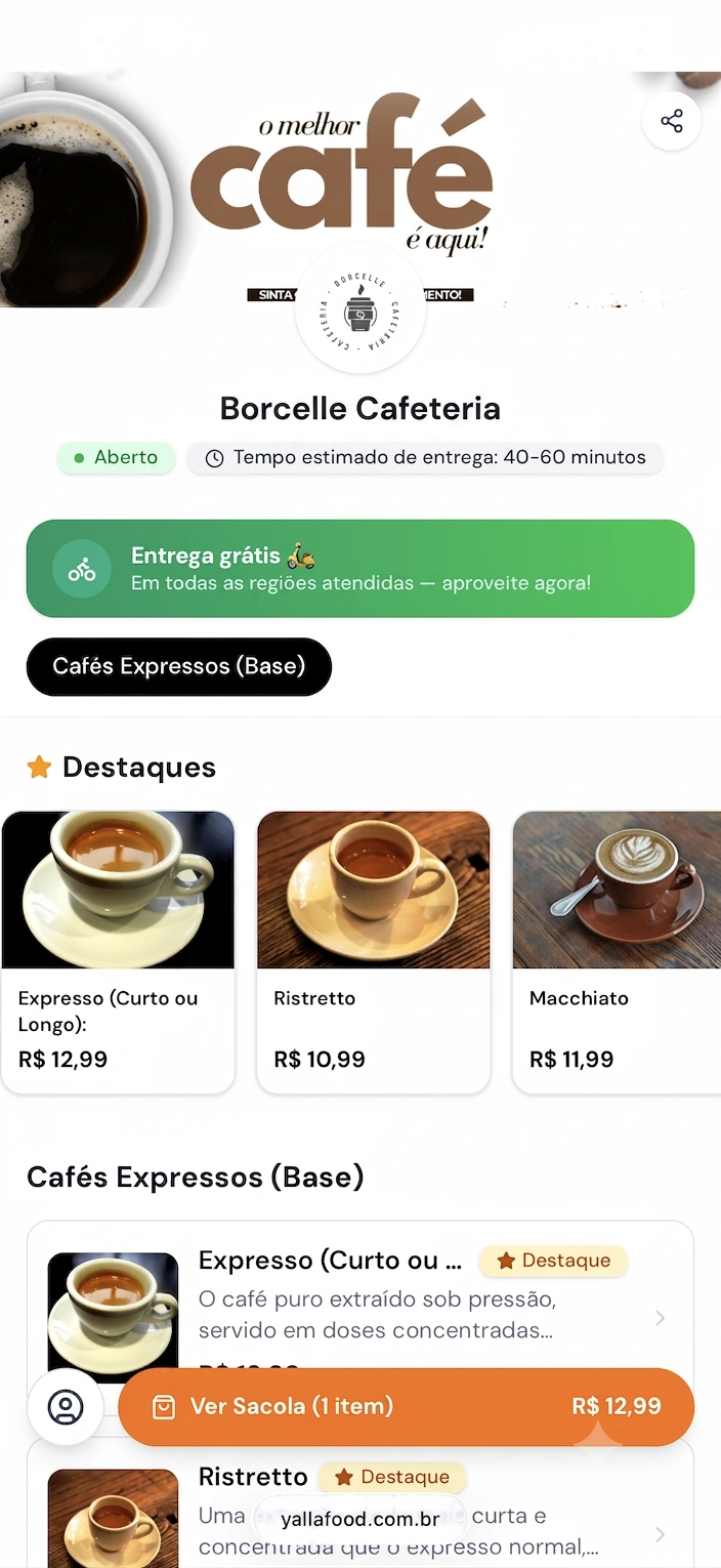 Cardápio digital de cafeteria feito no YallaFood