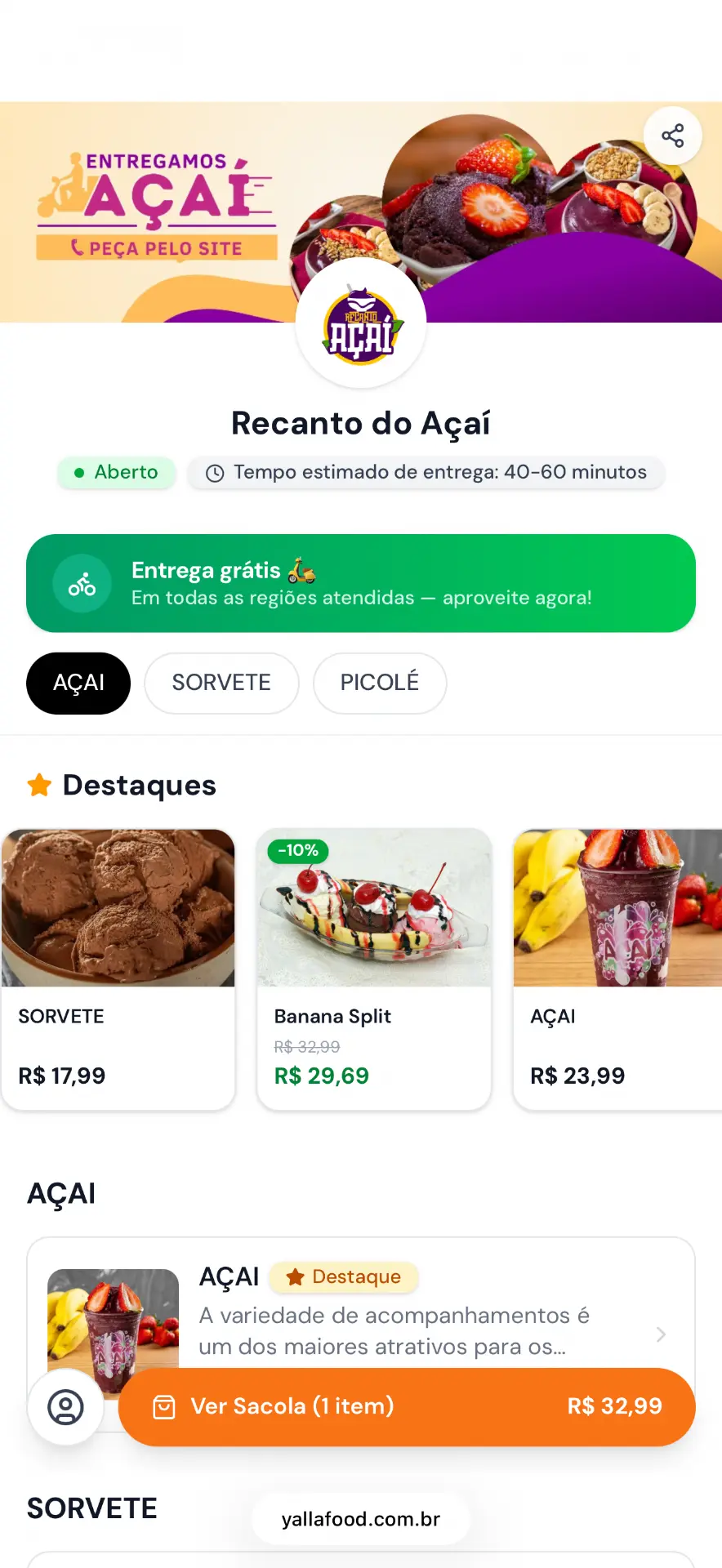 Cardápio digital de açaiteria feito no YallaFood